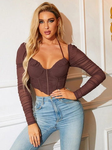 Maggie Mesh Halter Long Sleeve Crop Top